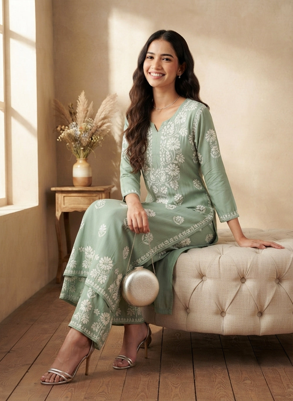 Sage Green - Modal Nargis Chikankari Co-ords Set With White Thread Embroidery