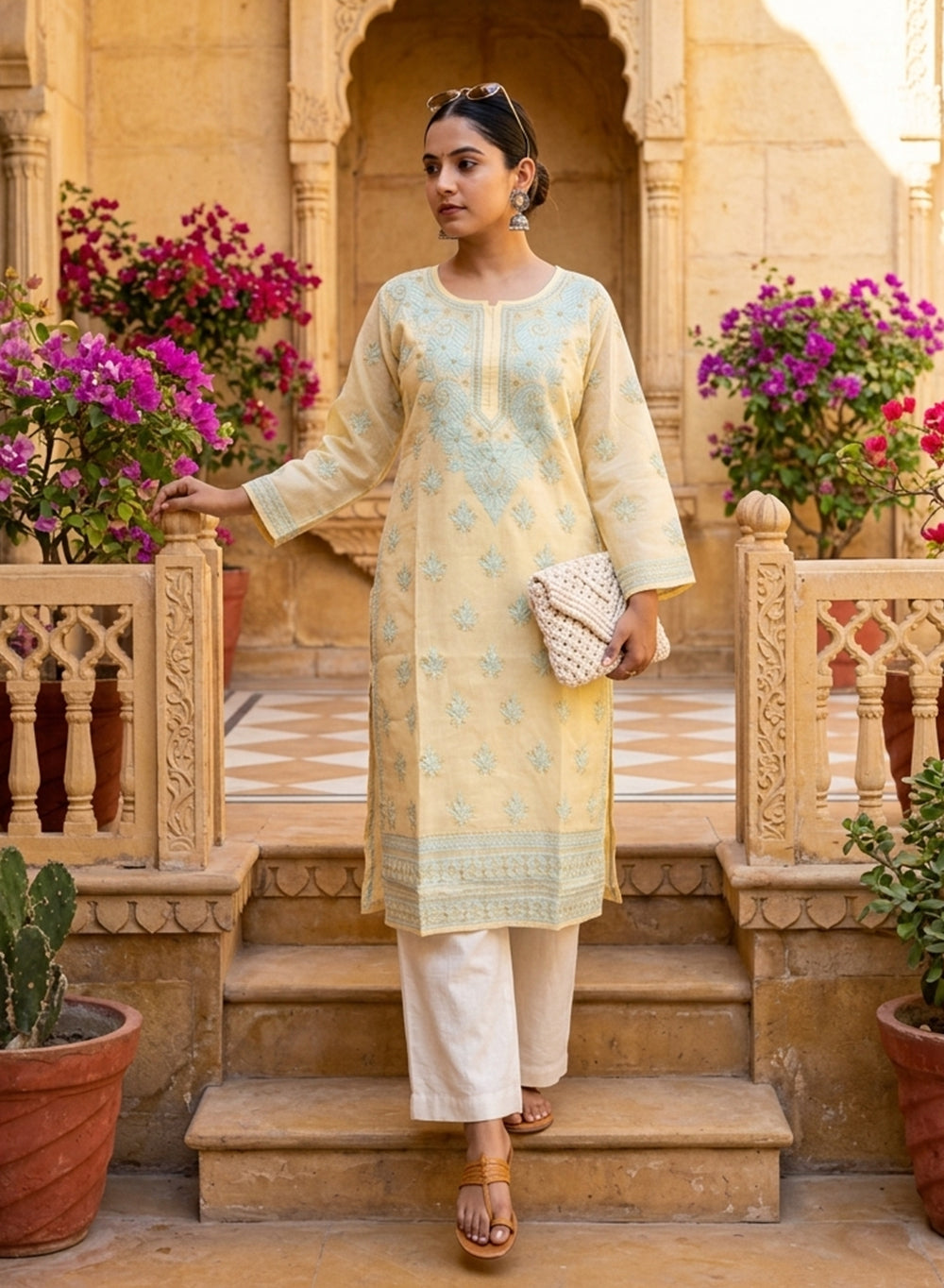Beige With Turquoise Thread Work - Bahaar Cotton Terry Voile Chikankari Kurta