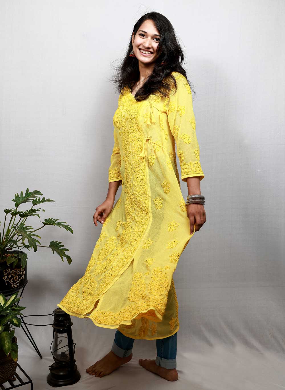 Yellow Mukaish - Anjuman Georgette Chikankari Angarakha