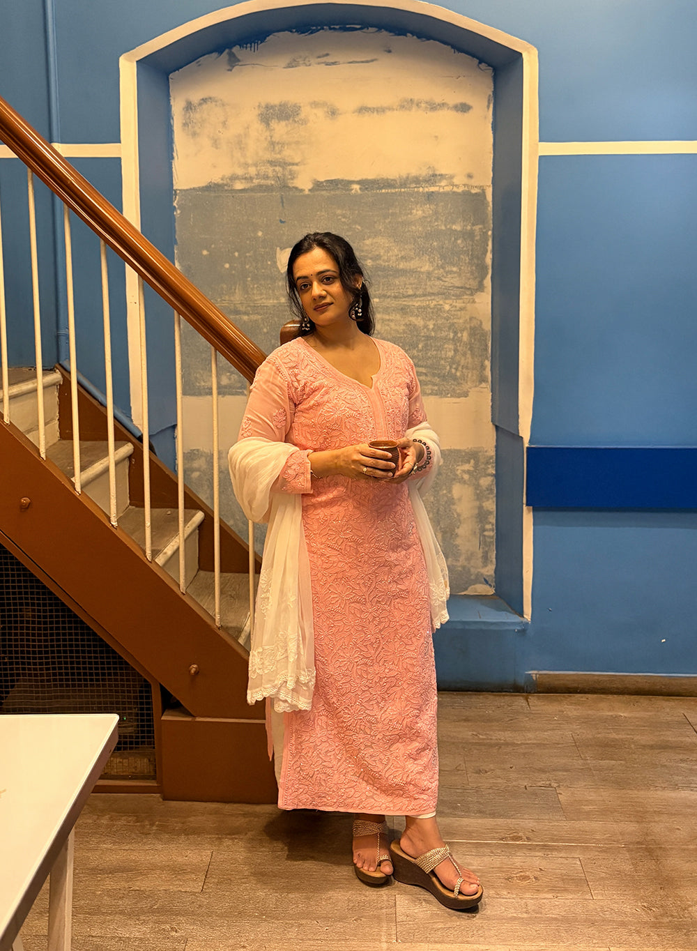 Pink - Anjuman Premium Viscose Chikankari Kurta With Katdana & Sequin