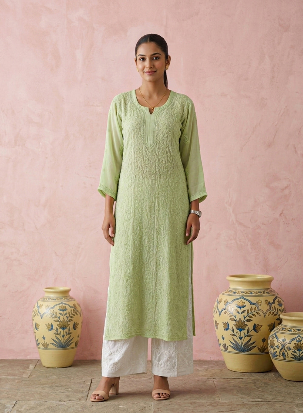 Pista - Anjuman Premium Viscose Chikankari Kurta With Katdana & Sequin
