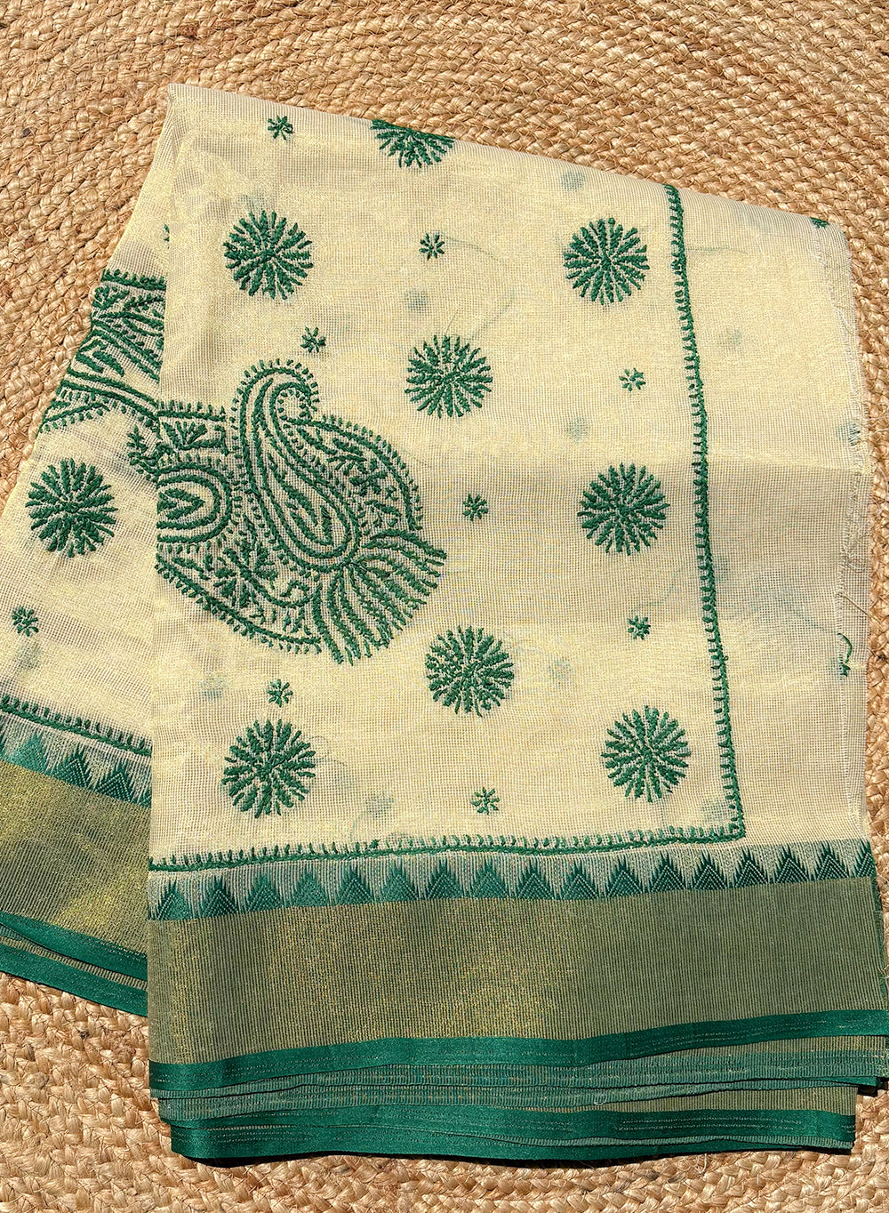 Green Dhoop Chaav - Aks Super Net Chikankari Saree
