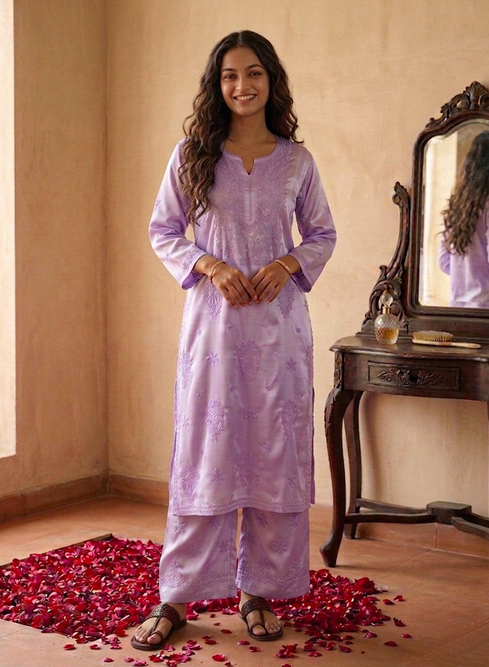Seher Lavender - Nargis Satin Chikankari Kurta & Palazzo Set