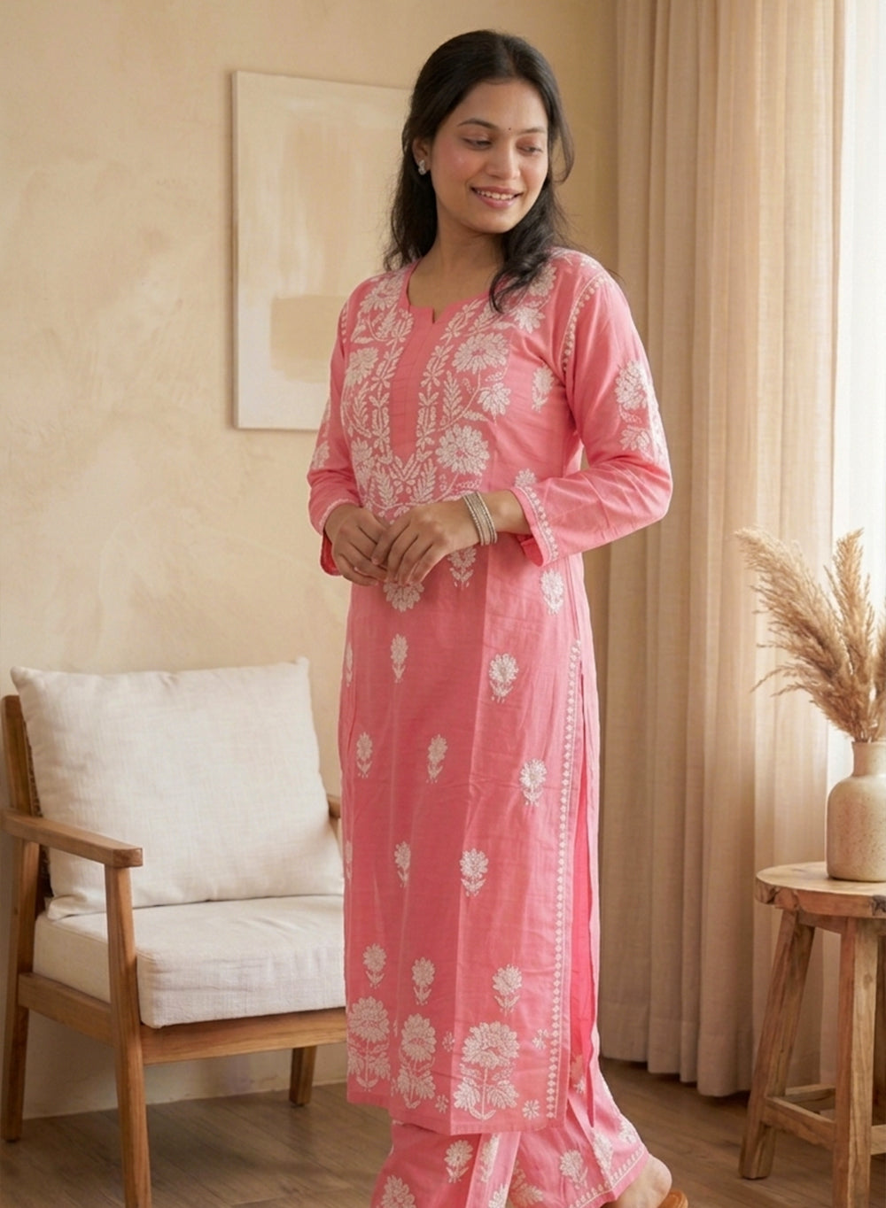Peach Pink - Modal Nargis Chikankari Co-ords Set With White Thread Embroidery