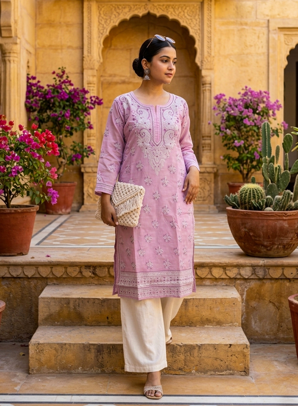 Lavender With Green Thread Work - Bahaar Cotton Terry Voile Chikankari Kurta