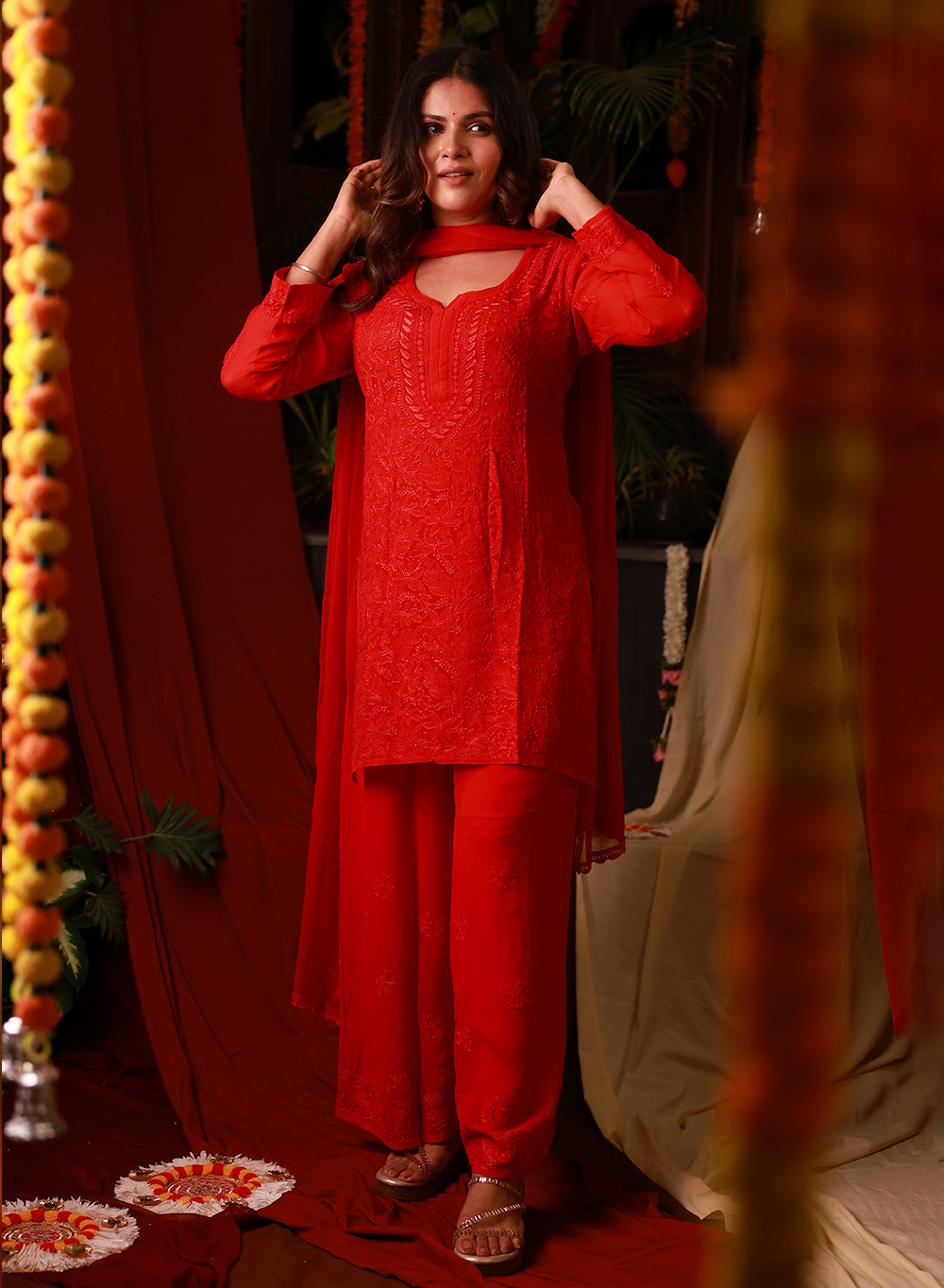 Red Nargis - Viscose Chikankari Short Kurta Set with Palazzo & Chiffon Dupatta