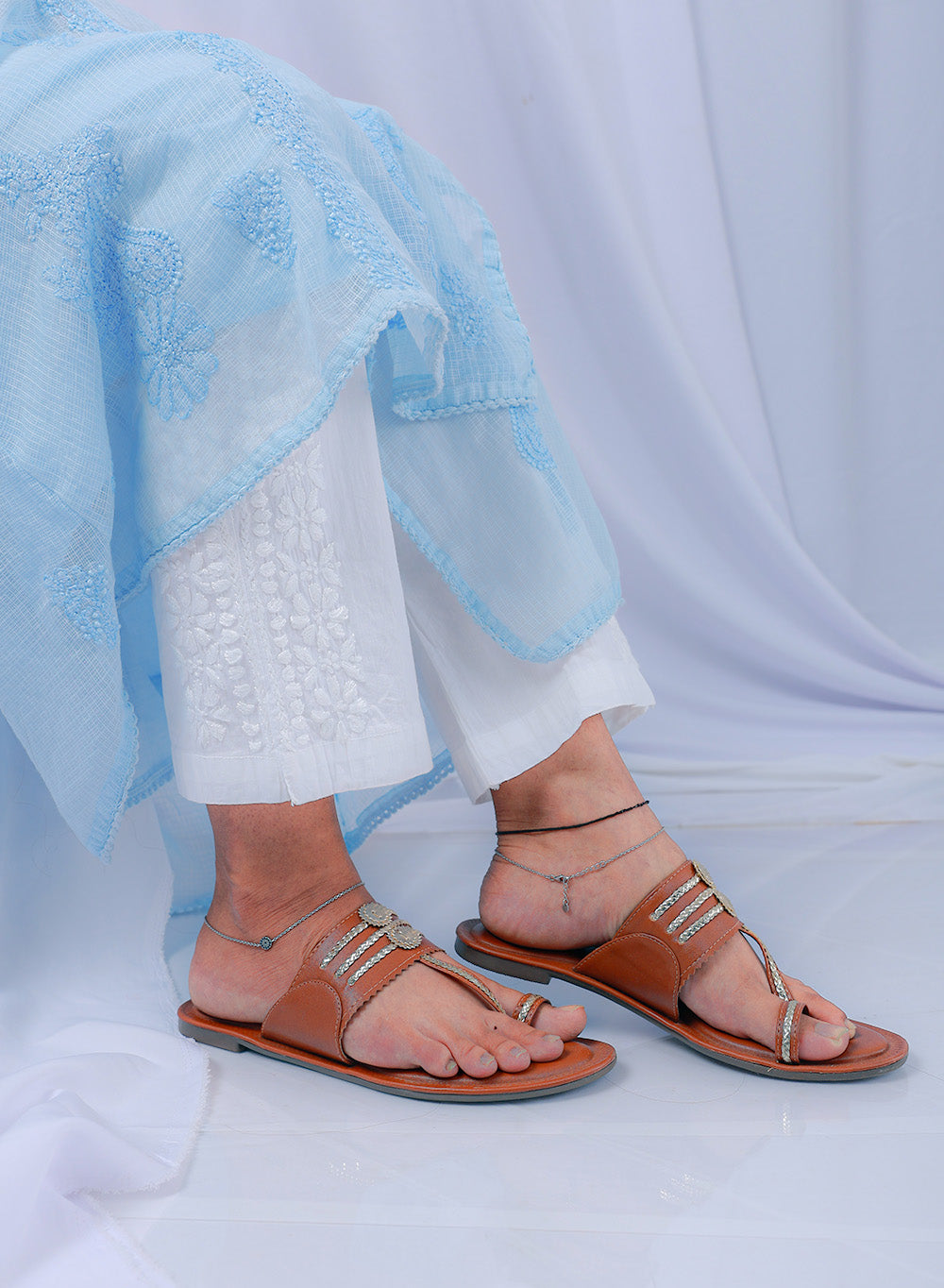 White - Lycra Chikankari Straight Pant With Side Design