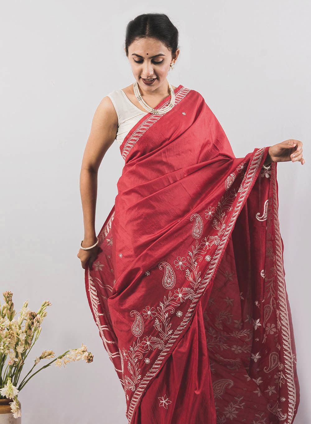 Maroon - Pure Silk Aks Resham Chikankari Saree