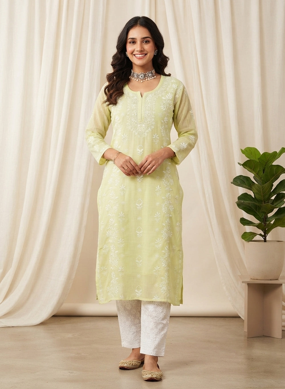 Lime - Mul Chanderi Bahaar Chikankari Kurta With Slip & Jaali Work