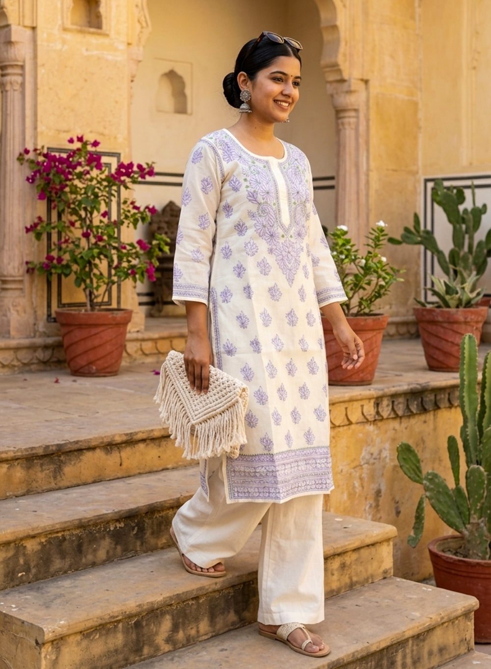 Off White With Lavender Thread Work - Bahaar Cotton Terry Voile Chikankari Kurta With Slip