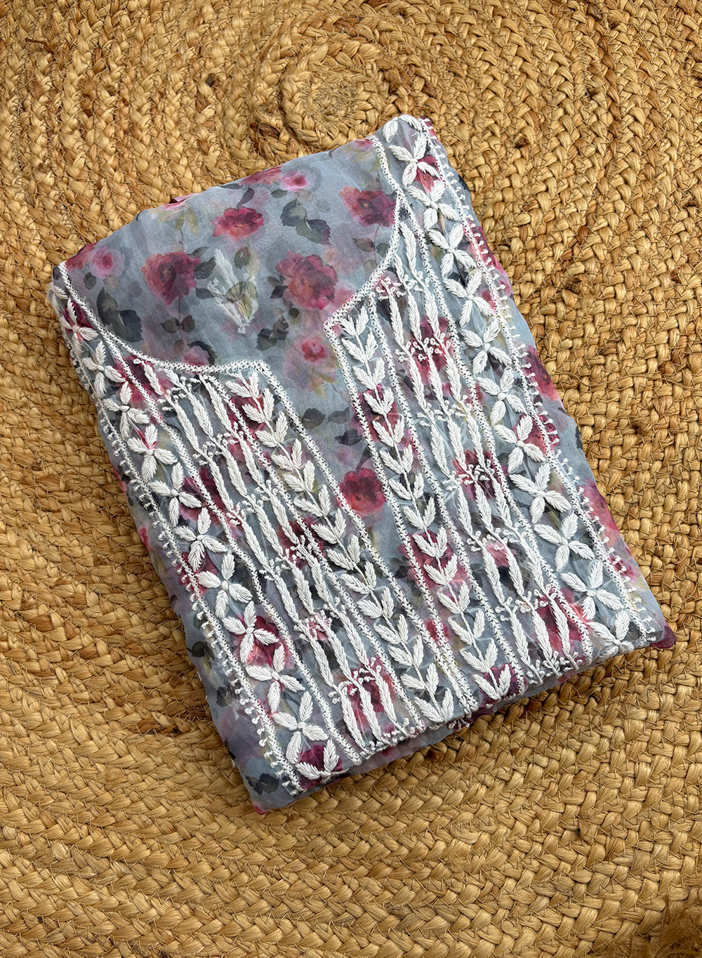 Multi Coloured Organza - Floral Printed Chikankari Kurta Fabric