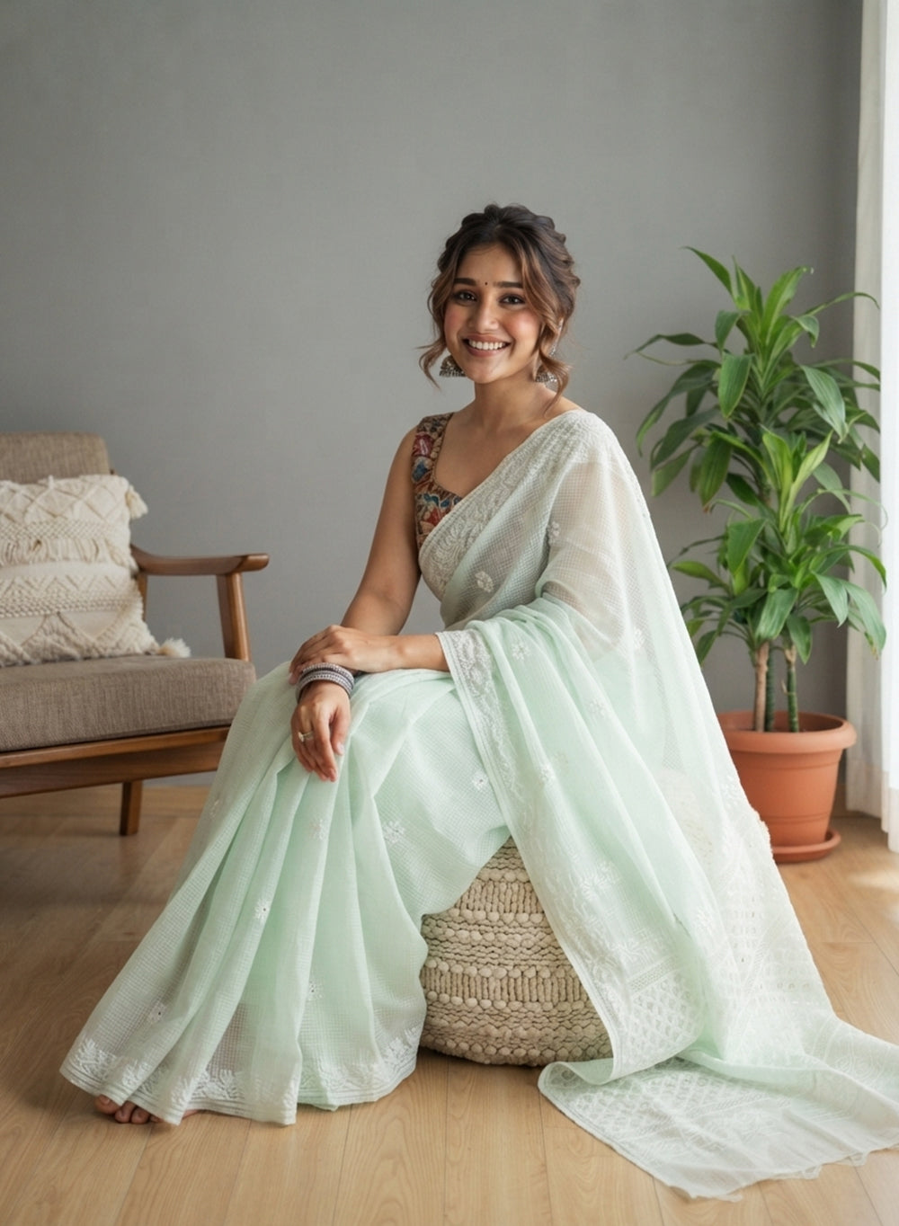 Sitara Pista Green - Aks Kota Mukaish Chikankari Saree With Mukaish Work