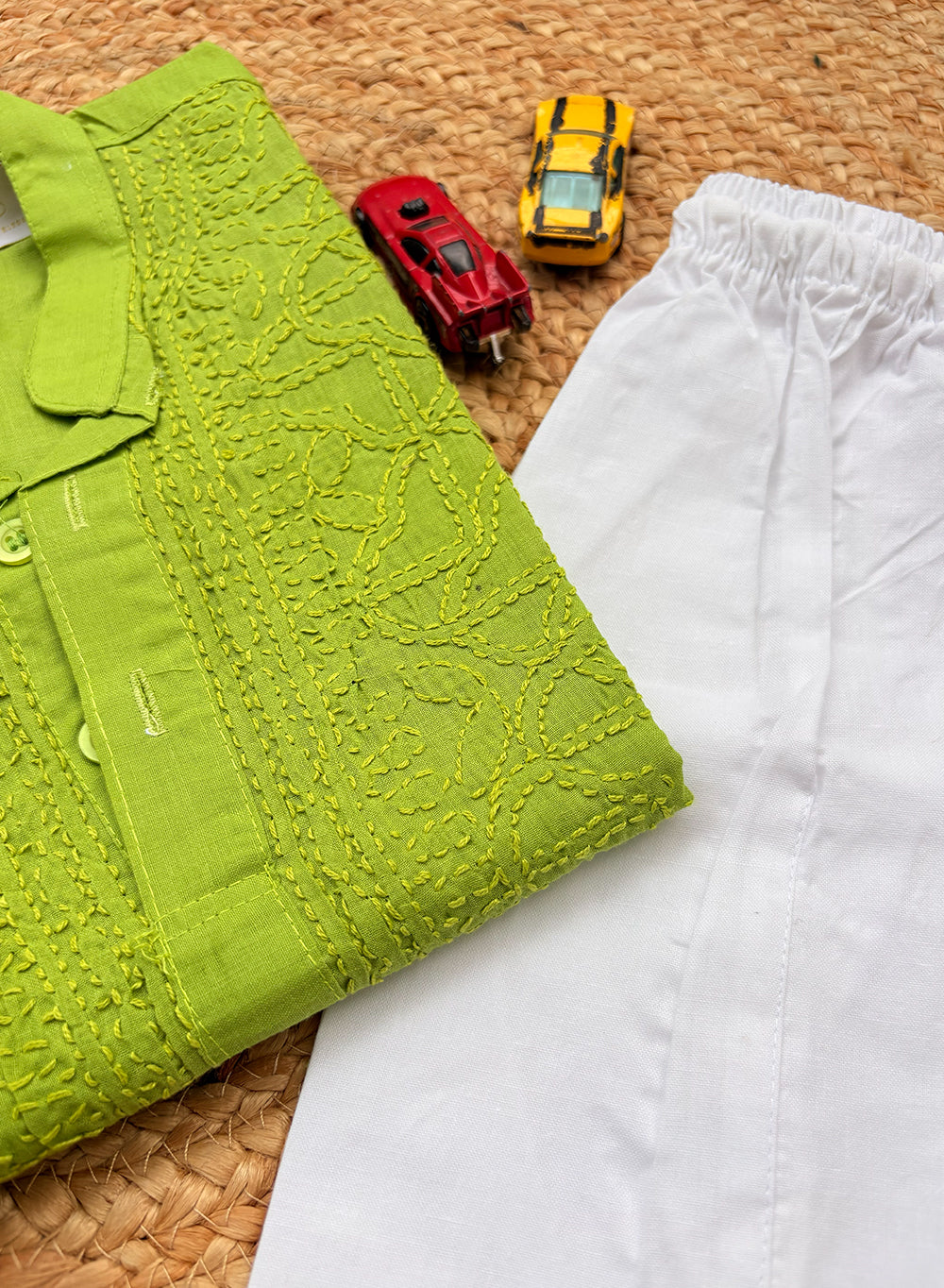 Parrot Green Front Jaal - Cotton Chikankari Kurta With Self Thread Work & Pajama