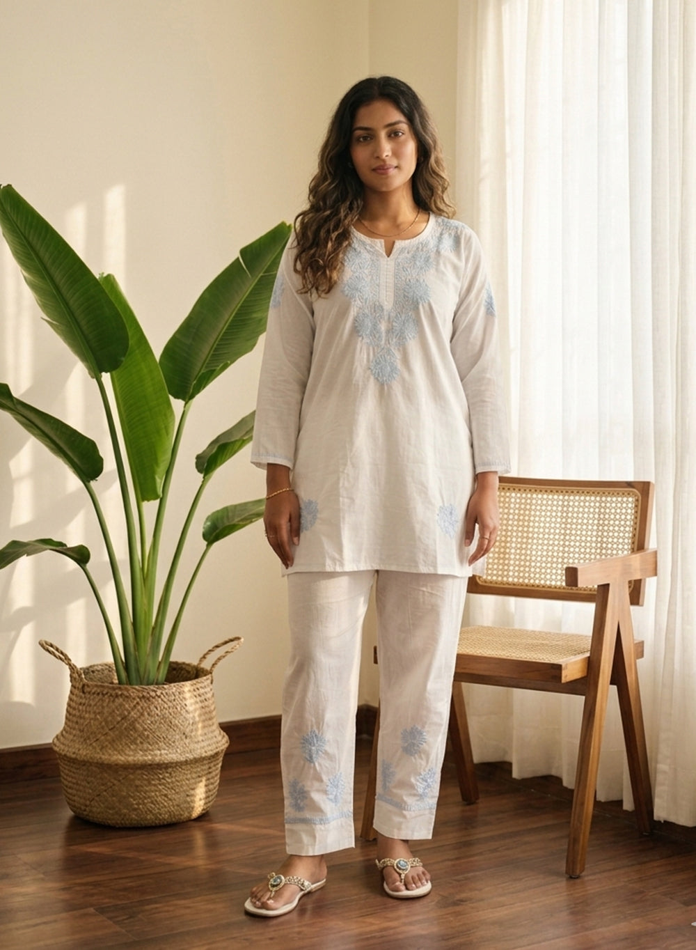 White & Blue - Mul Cotton Nargis Chikankari Co-ords Set