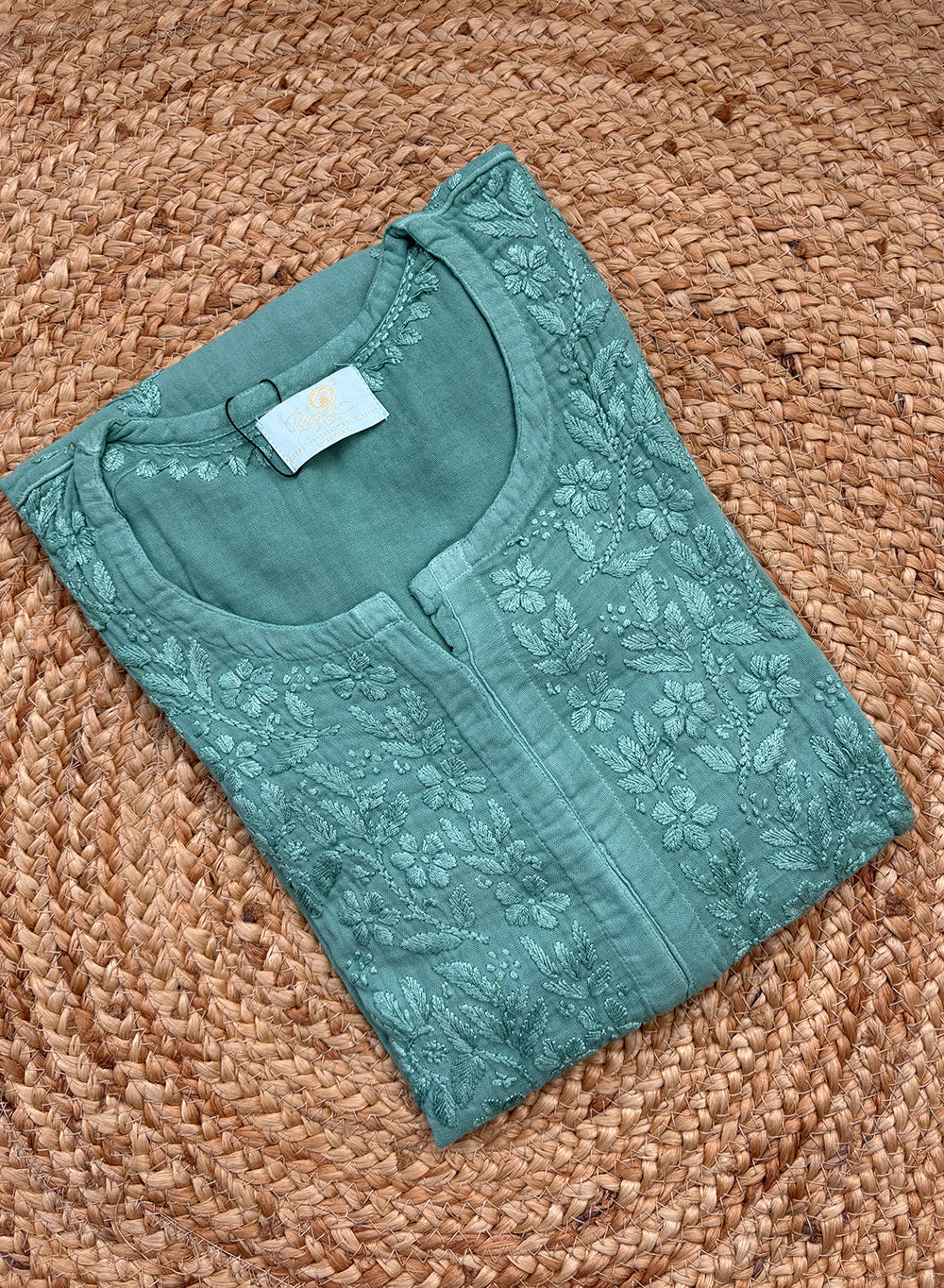 Teal - Gulshan Linen Cotton Double Layered Chikankari Short Top