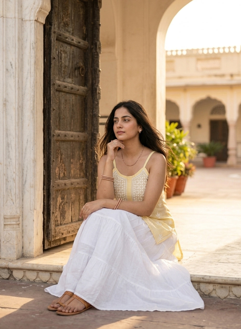 Zoya Light Yellow – Cotton Chikankari Noodle Strap Short Top