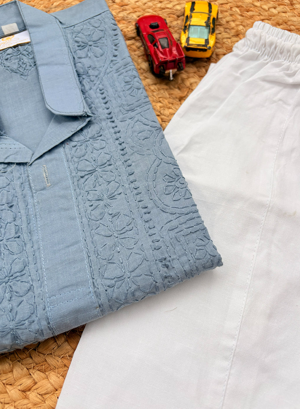 Grey Front Jaal - Cotton Chikankari Kurta With Self Thread Work & Pajama