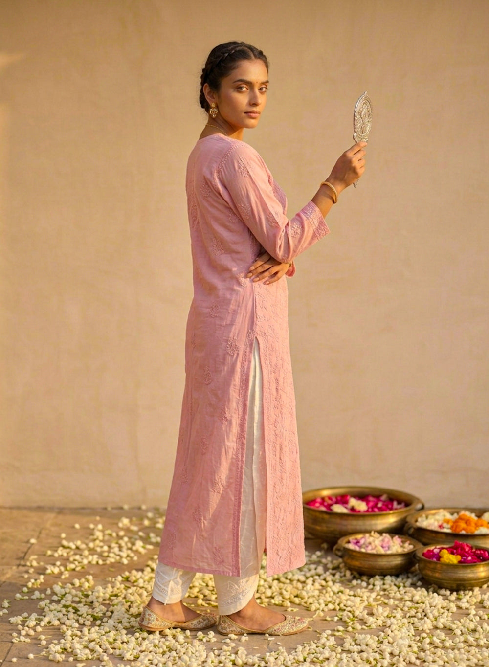 Flamingo Pink - Anjuman Premium Viscose Chikankari Kurta With Katdana & Sequin