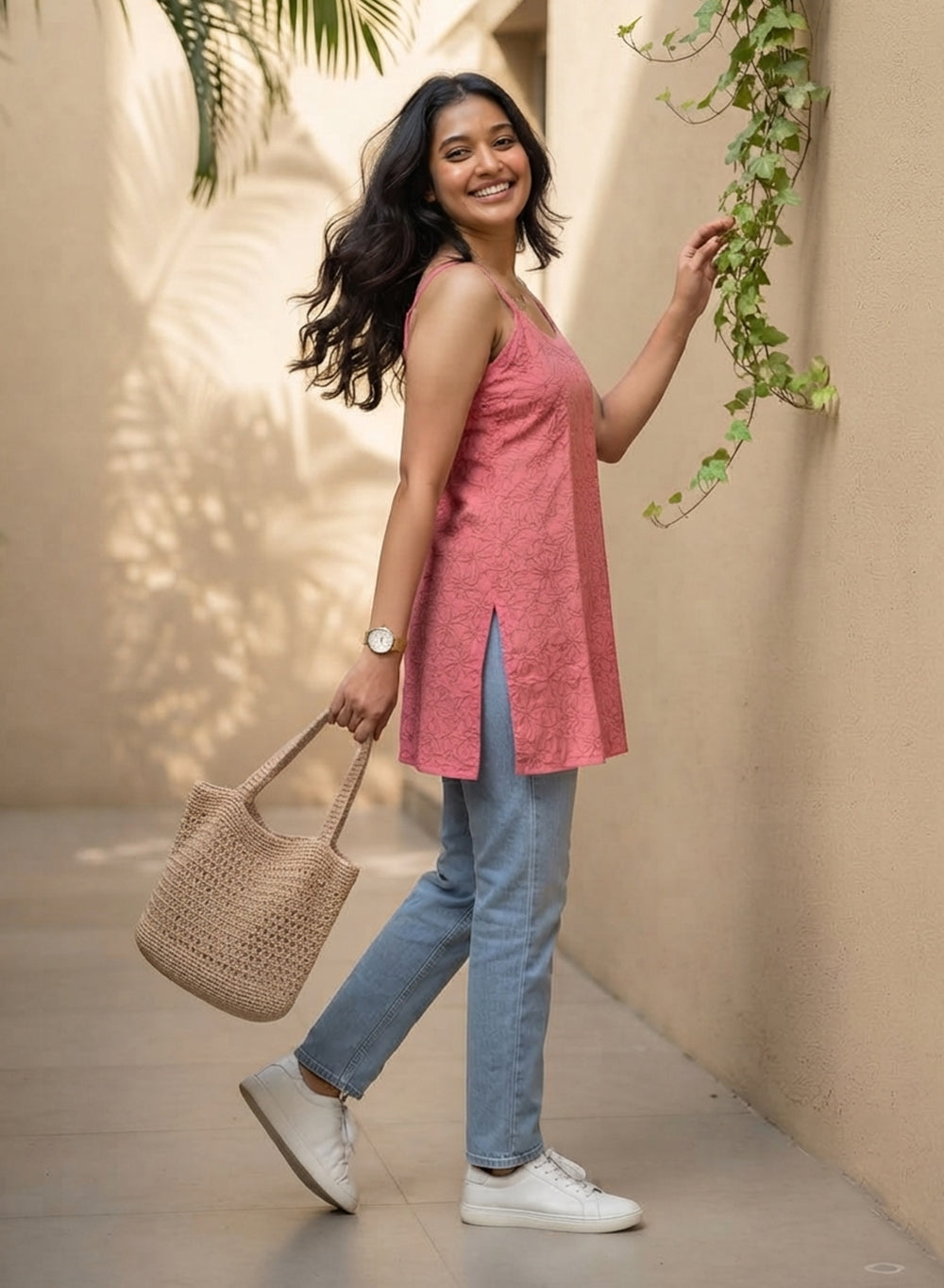 Noori Flamingo Pink - Muslin Noodle Strap Gulshan Chikankari Short Top