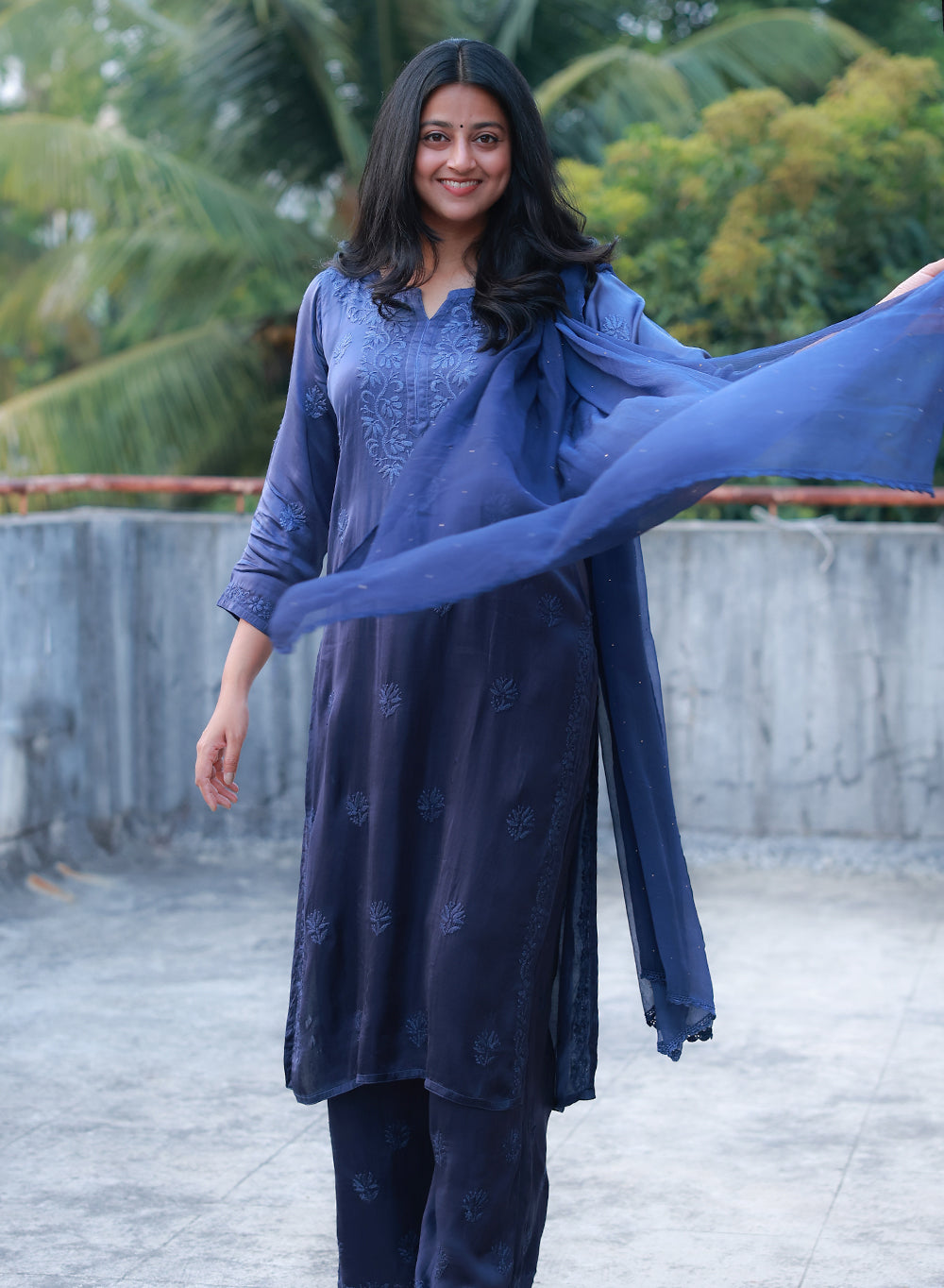 Meera Midnight Blue - Nargis Satin Chikankari Ombre Dress Set