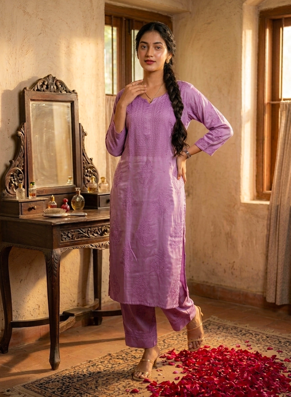 Seher Lavender - Nargis Satin Chikankari Kurta & Palazzo Set