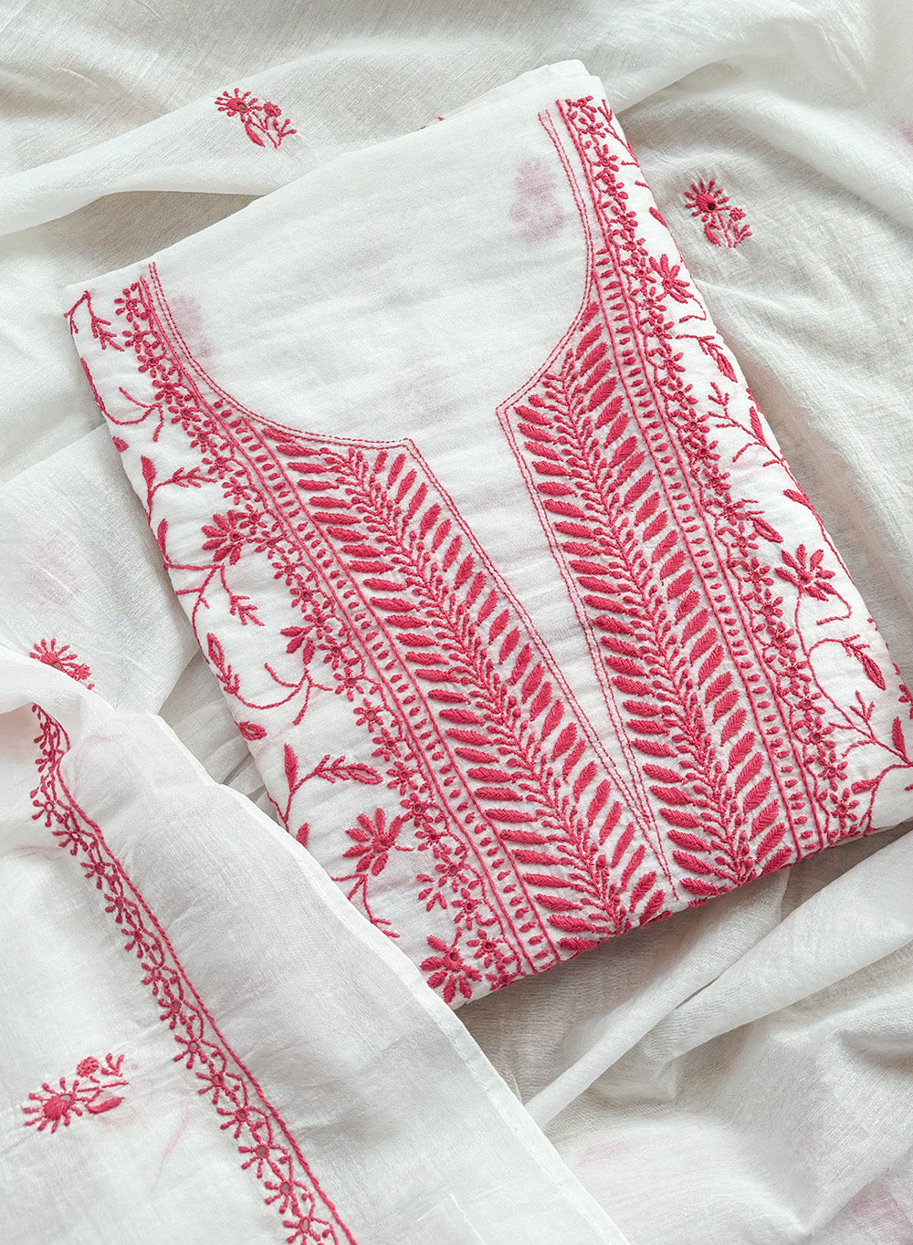 White & Pink - Nayaab Mul Chanderi Chikankari Kurta Fabric