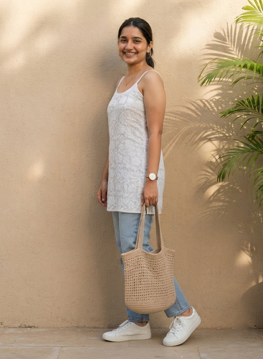 Noori White - Muslin Noodle Strap Gulshan Chikankari Short Top