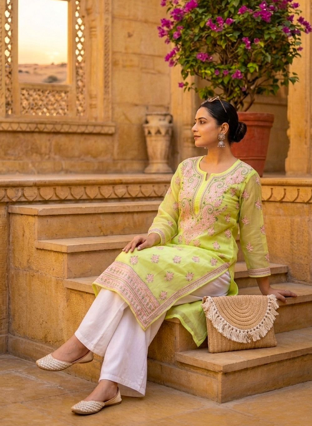 Light Yellow With Pink Thread Work - Bahaar Cotton Terry Voile Chikankari Kurta With Slip