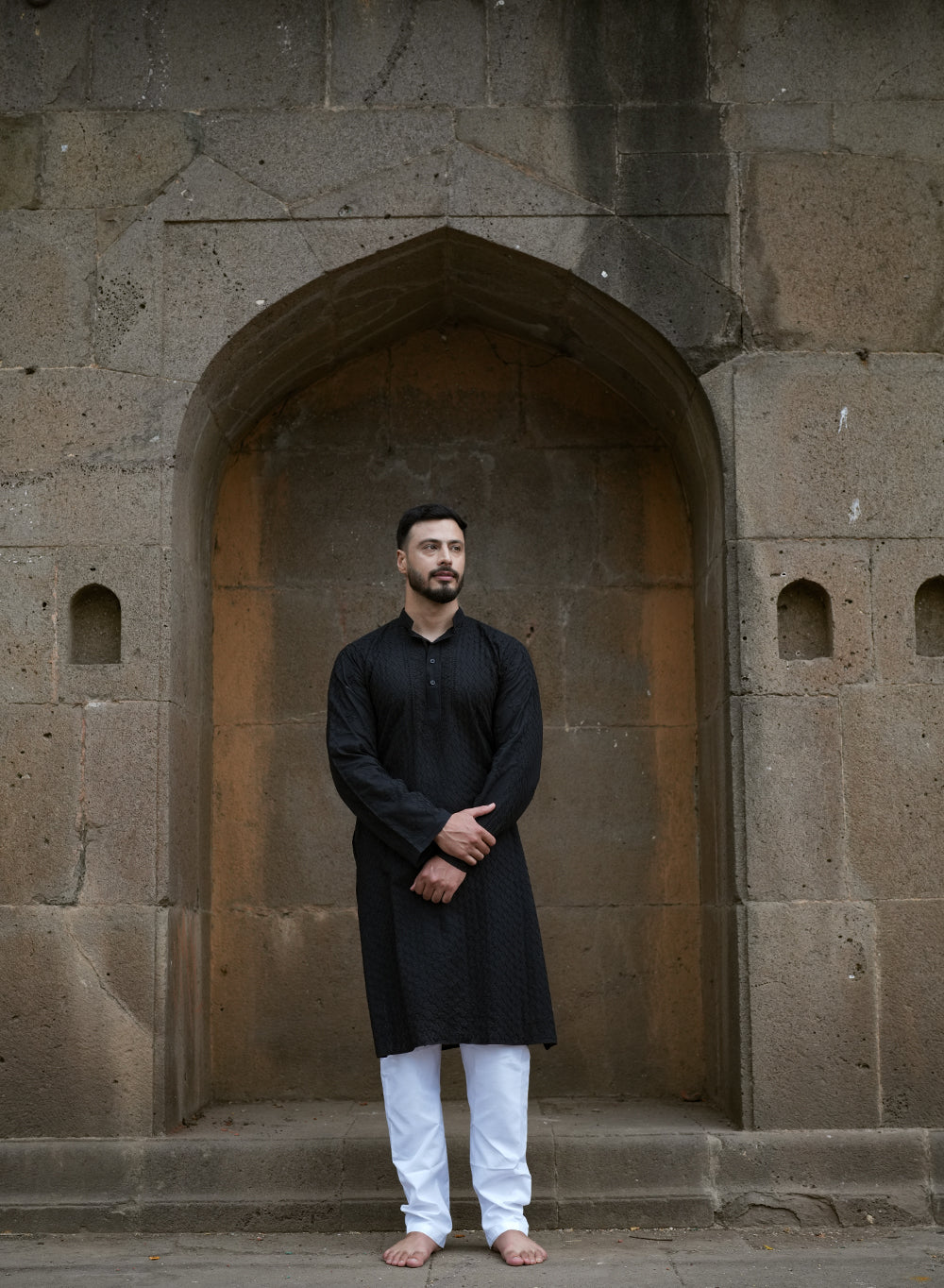 Black - Nawab Checkered Front Jaal Cotton Chikankari Kurta