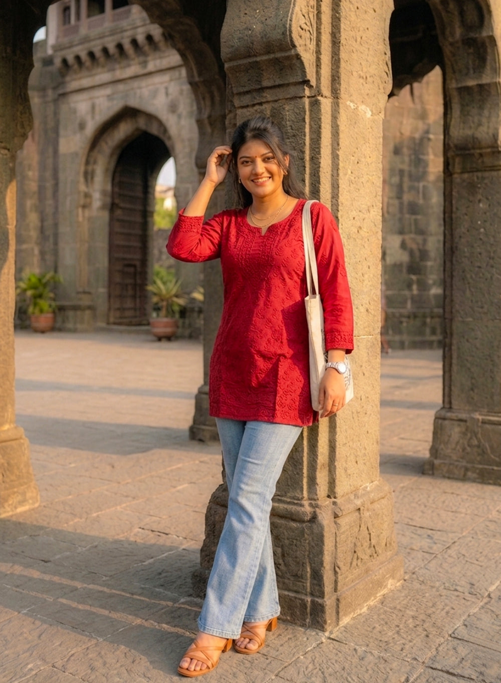 Red - Gulshan Muslin Shadow Work Chikankari Short Top