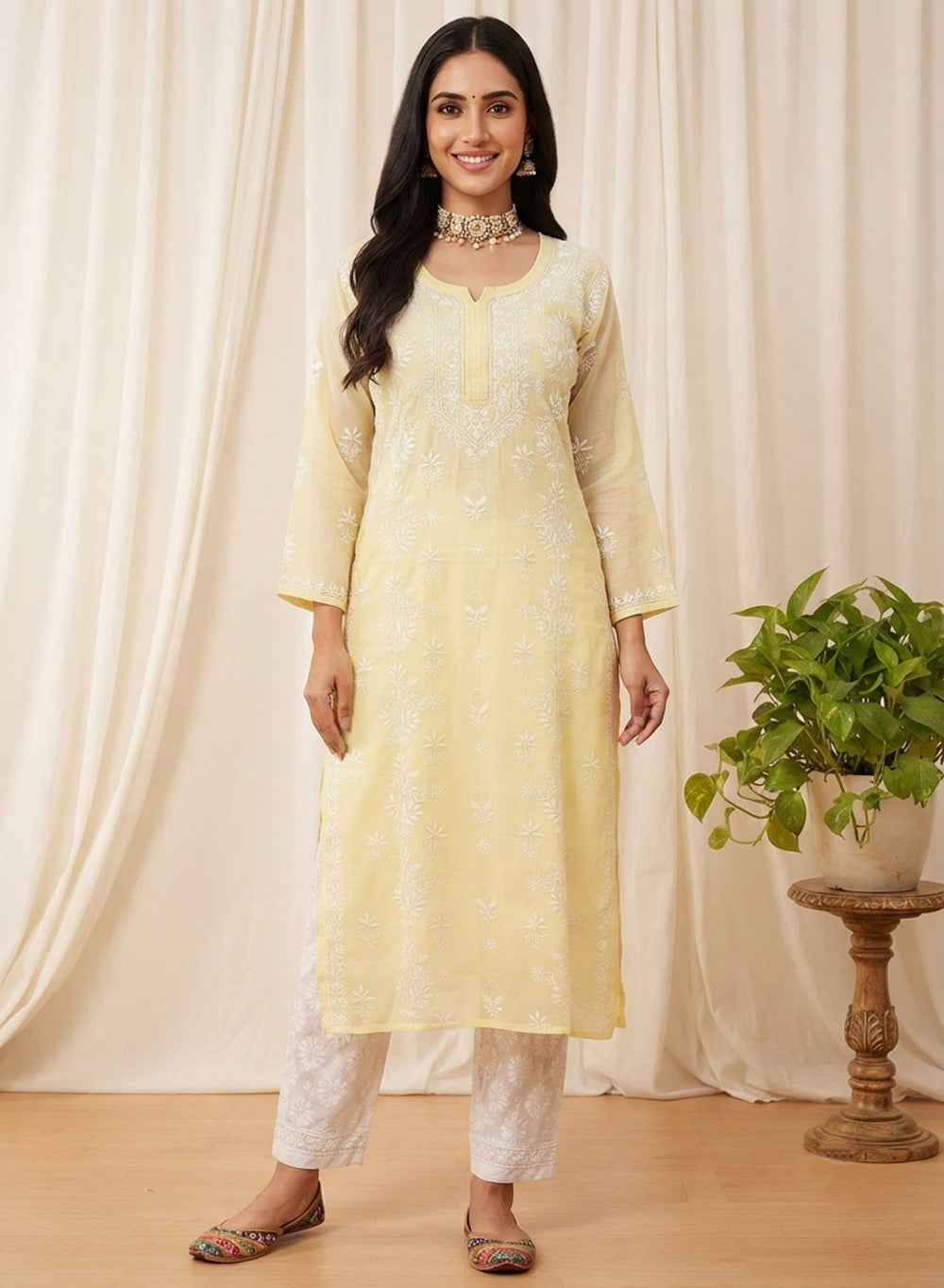 Yellow - Mul Chanderi Bahaar Chikankari Kurta With Slip