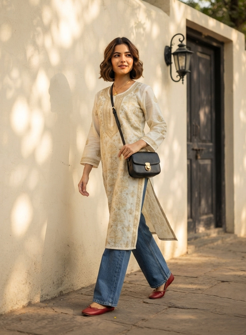 Off White With Beige - Bahaar Cotton Terry Voile Chikankari Kurta