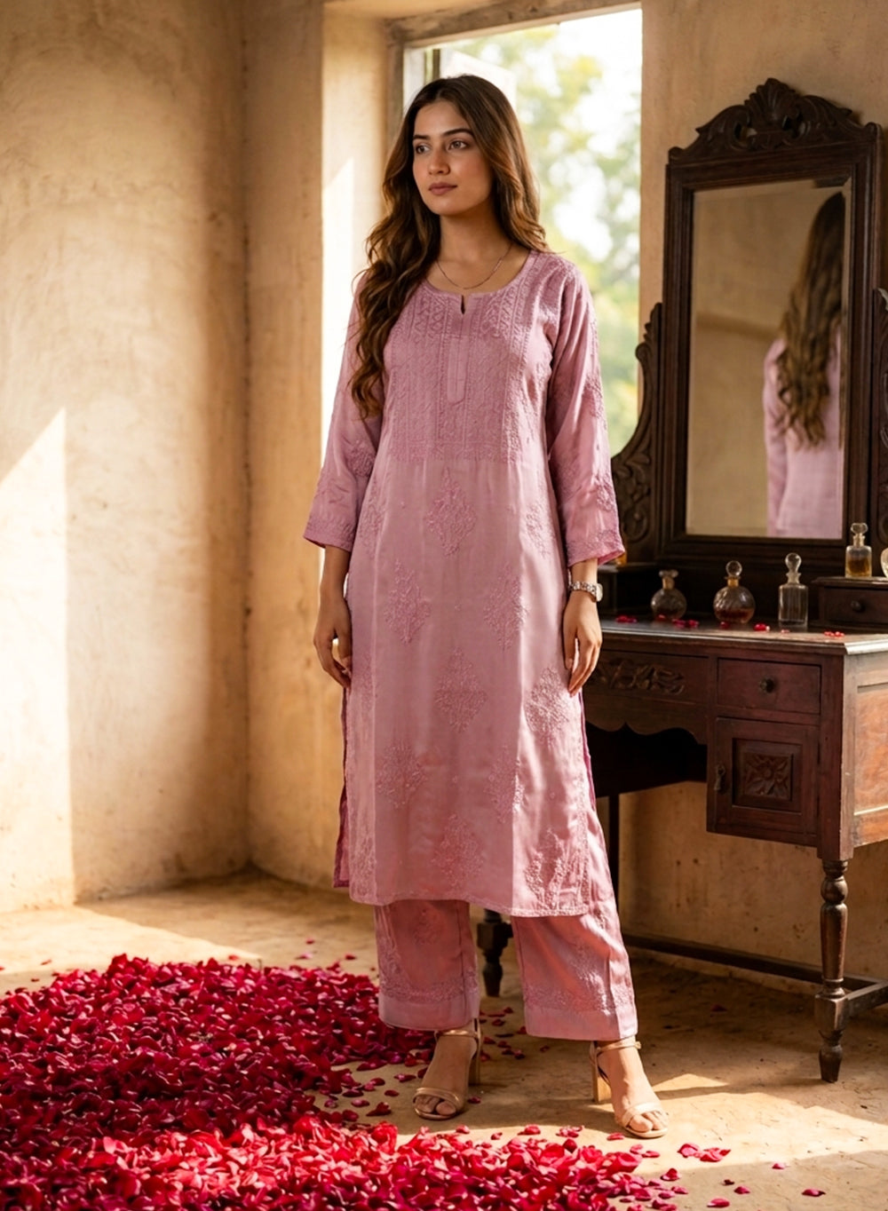 Seher Onion Pink - Nargis Satin Chikankari Kurta & Palazzo Set