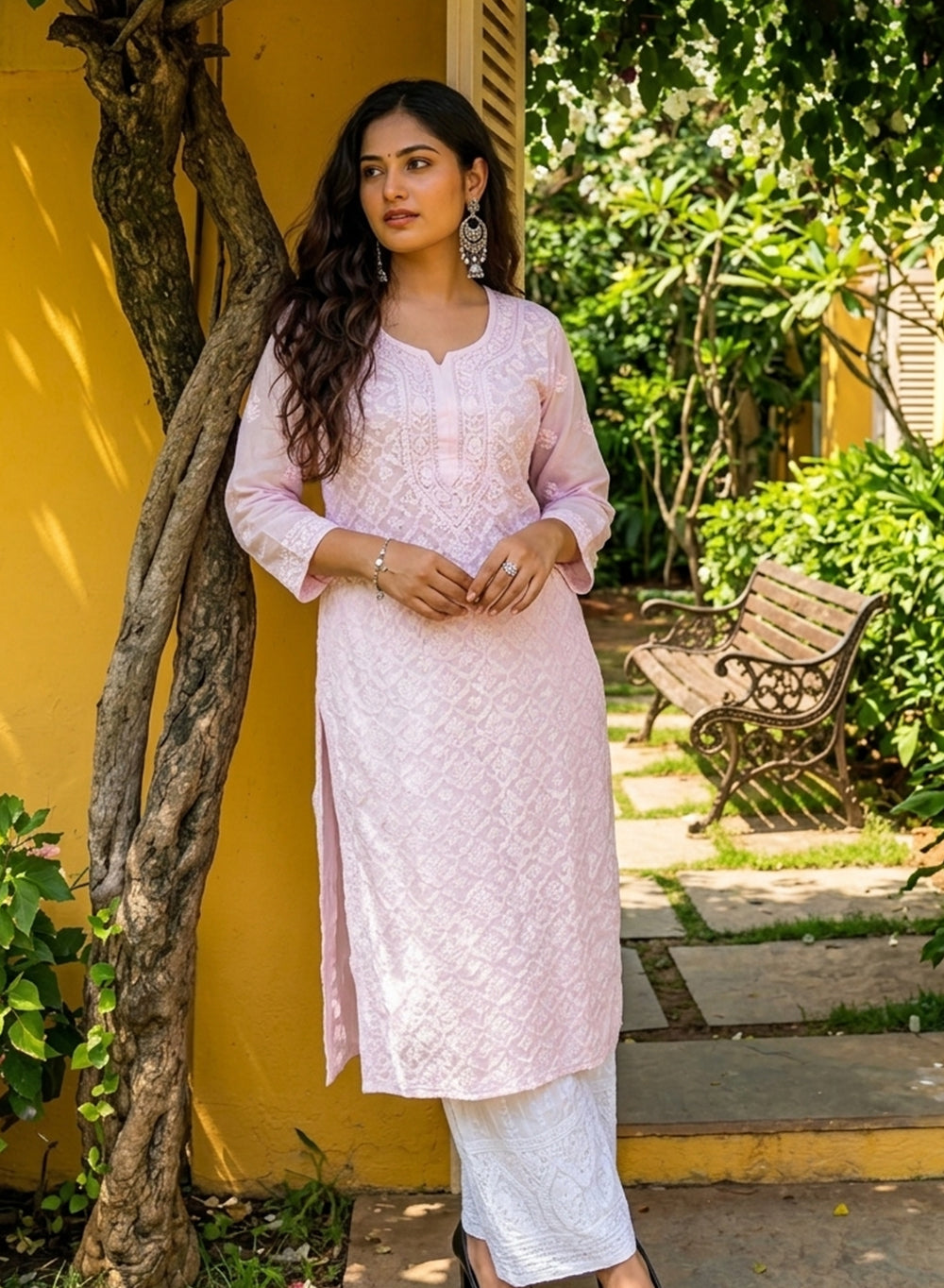 Ada Powder Pink - Bahaar Muslin Front Jaal Chikankari Kurta