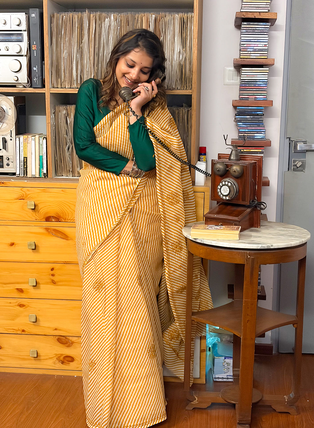 Mustard Lehariya - Kota Aks Cotton Chikankari Saree