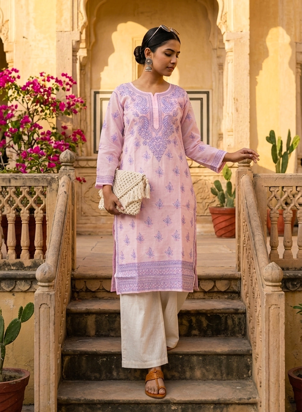 Baby Pink With Blue Thread Work - Bahaar Cotton Terry Voile Chikankari Kurta