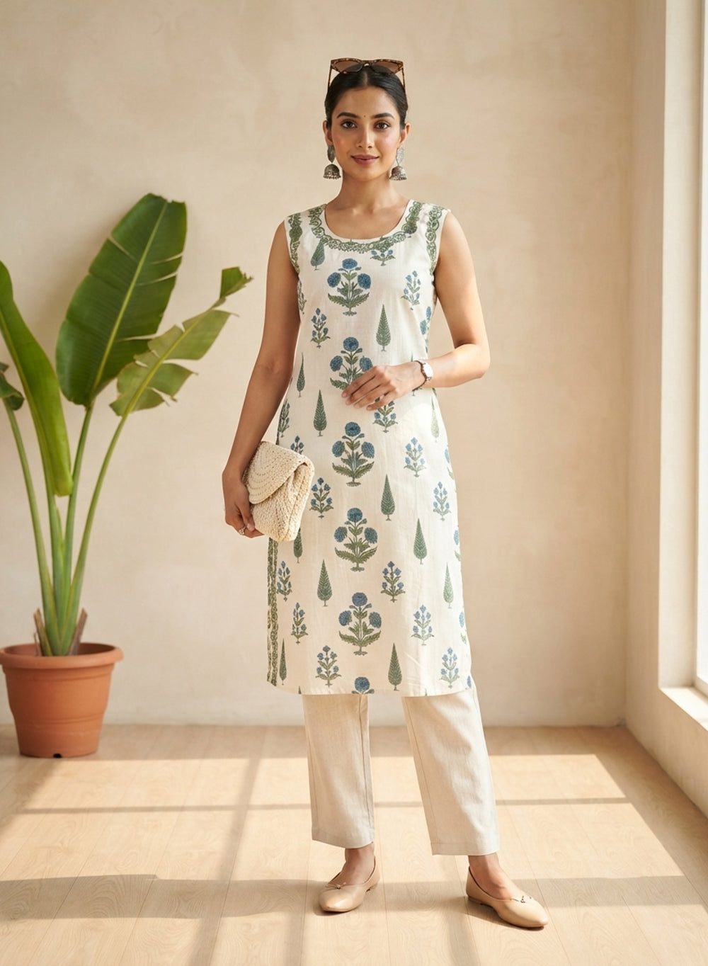Pratha - Green & Blue Bahaar Printed Cotton Chikankari Kurta