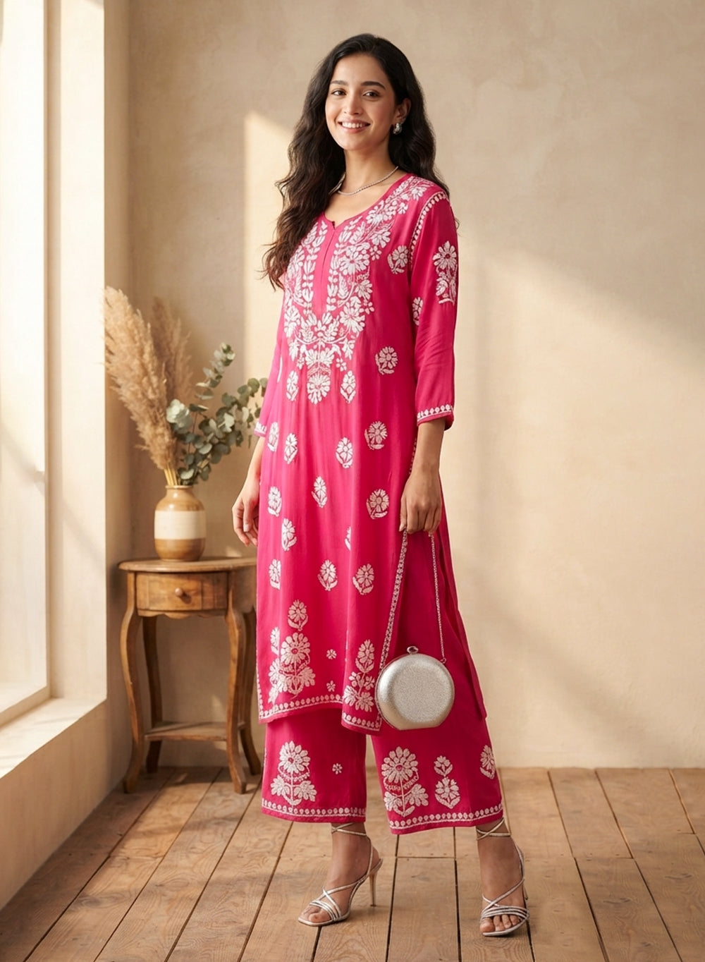 Hot Pink - Modal Nargis Chikankari Co-ords Set With White Thread Embroidery