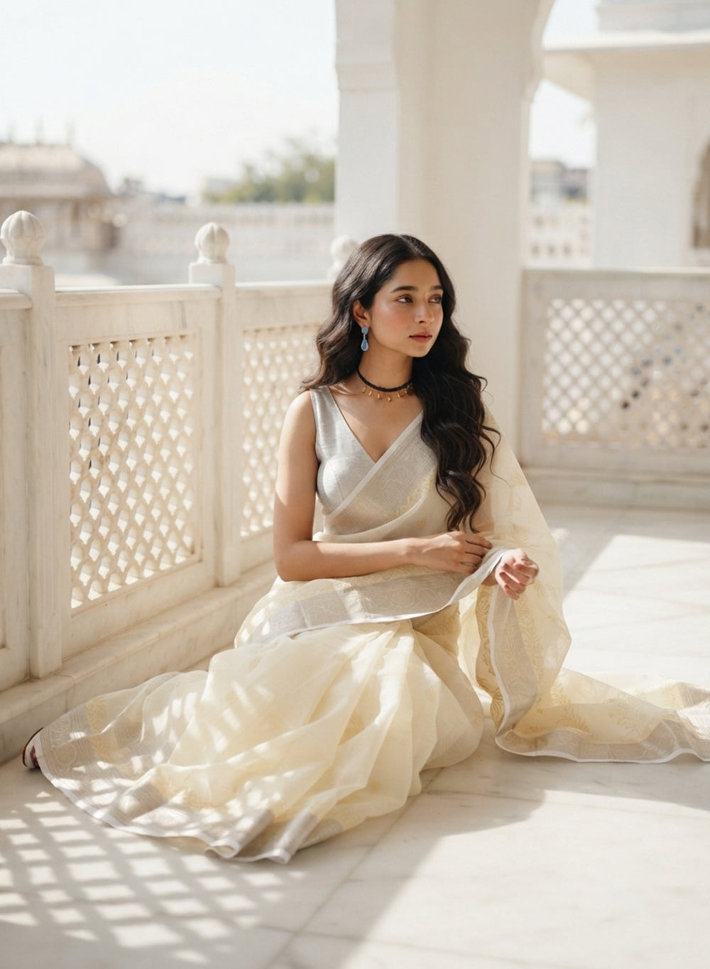 Off White Zari Kota Chanderi - Aks Hand Embroidered Chikankari Saree