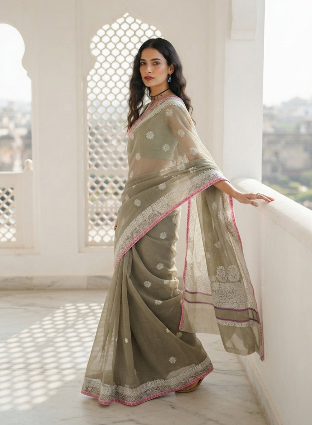 Cappuccino Kota Chanderi - Aks Hand Embroidered Chikankari Saree