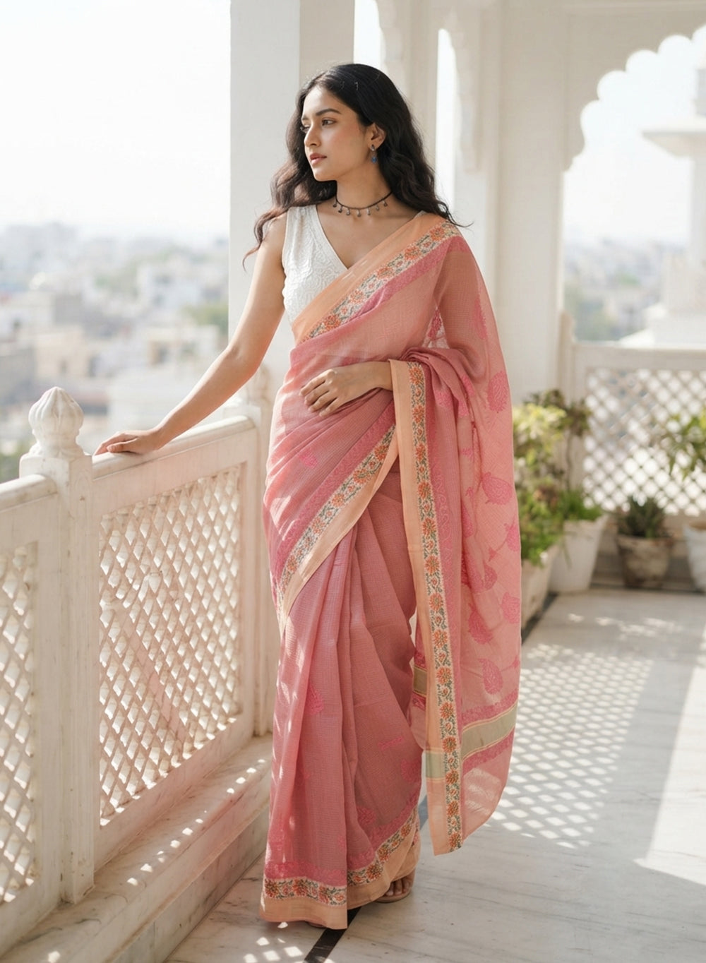 Carrot Pink Kota Chanderi - Aks Hand Embroidered Chikankari Saree