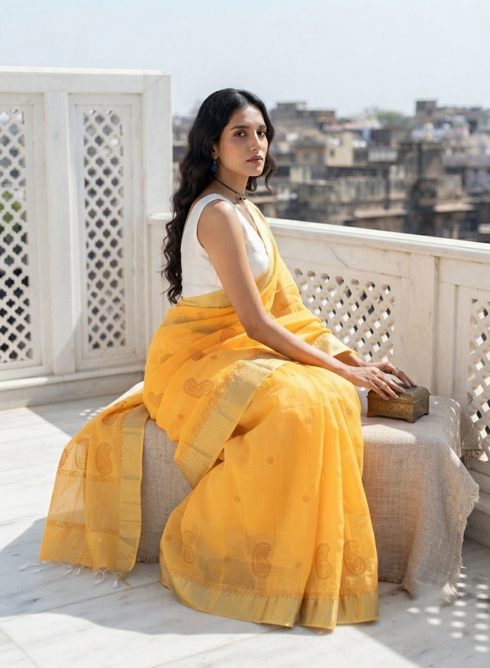 Sunflower Cotton Chanderi - Aks Hand Embroidered Chikankari Saree