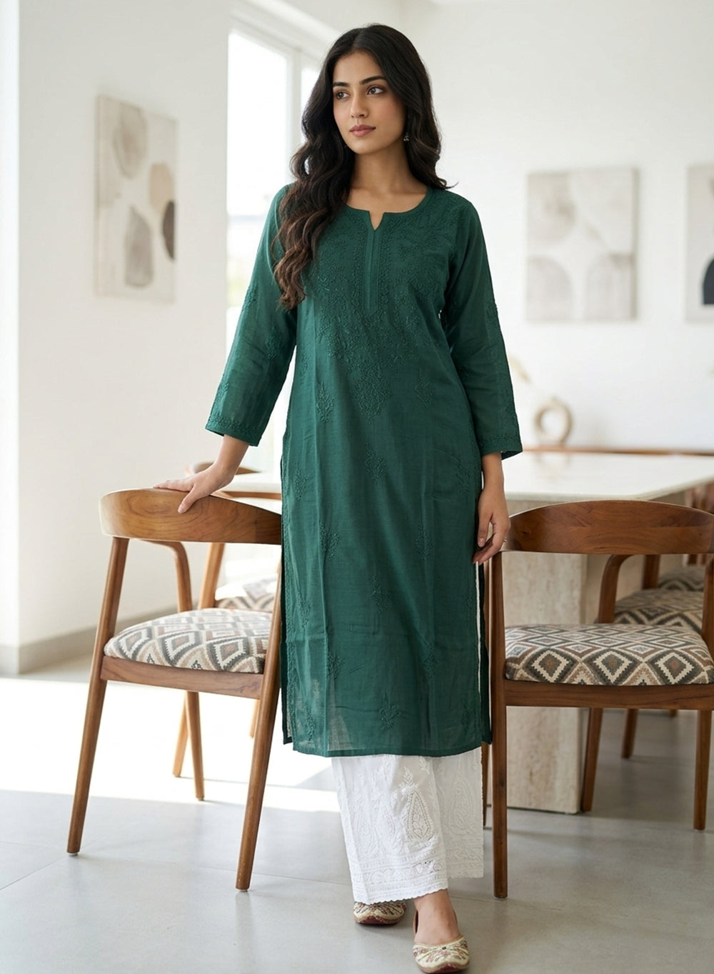 Sadgi Bottle Green - Bahaar Muslin Solid Chikankari Kurta