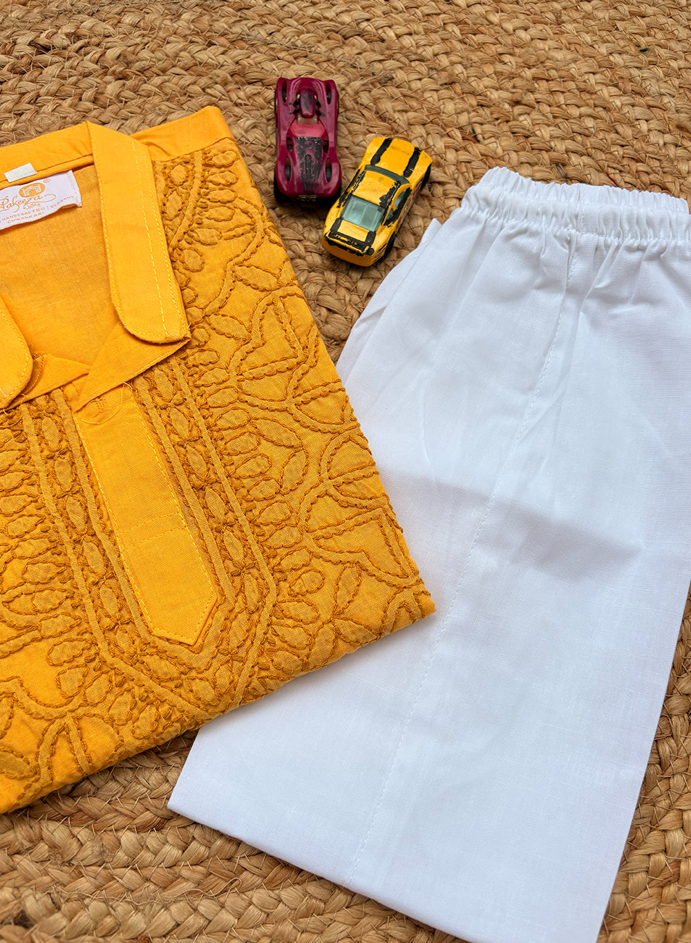 Mustard Yellow Front Jaal - Cotton Chikankari Kurta With Self Thread Work & Pajama