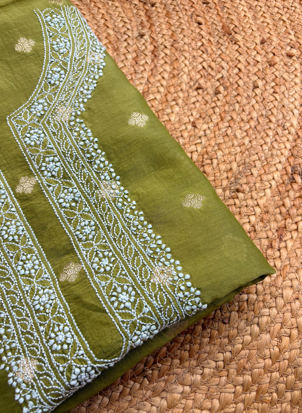 Olive Green Unisex - Dhoop Kinaray Chanderi Chikankari Kurta Fabric With Golden Butti