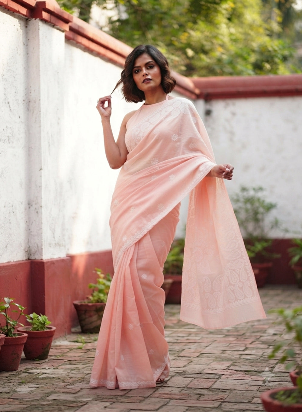 Peach - Cotton Terry Voile Aks Chikankari Saree