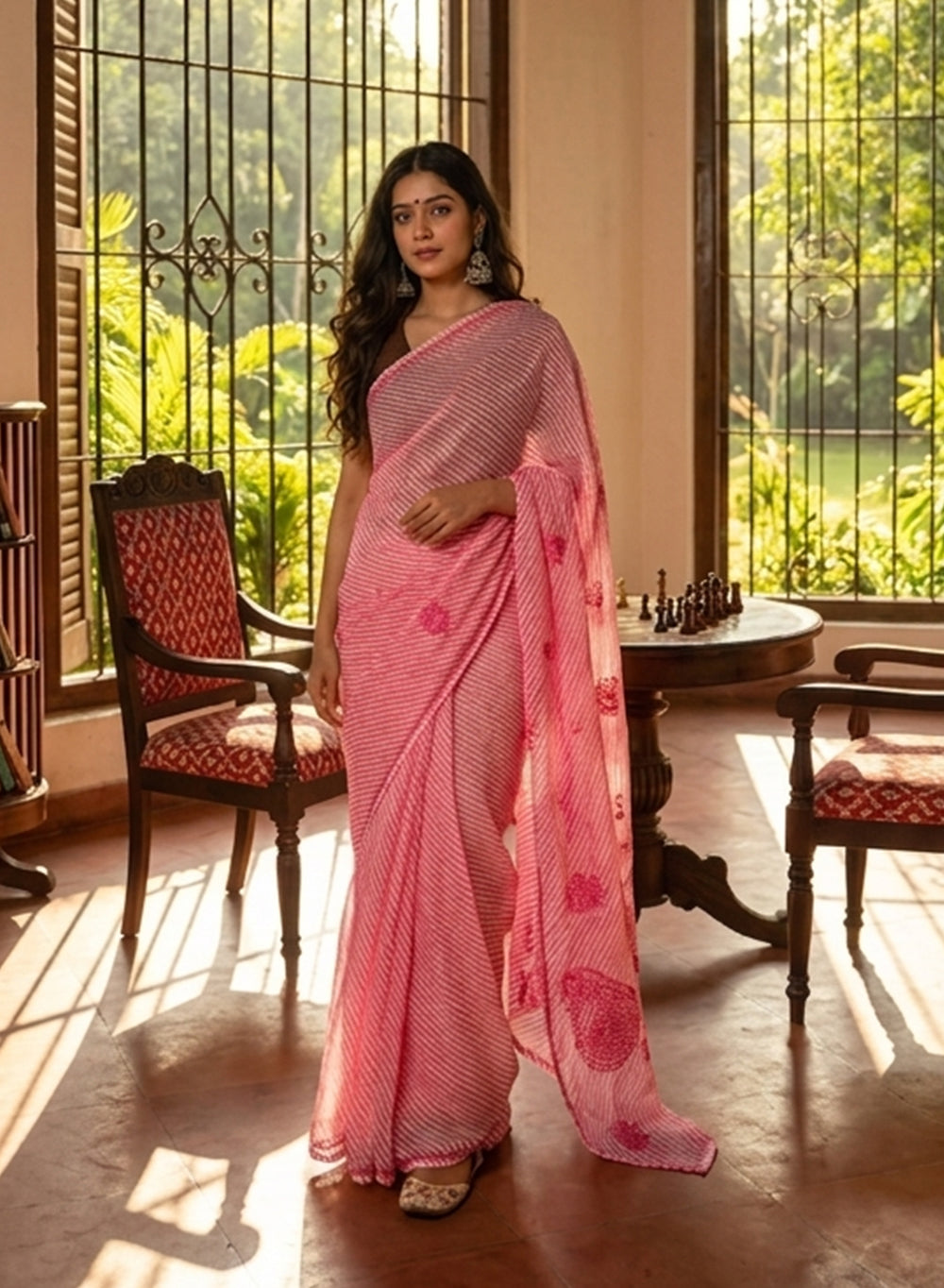 Fluorescent Pink Lehariya - Kota Aks Cotton Chikankari Saree