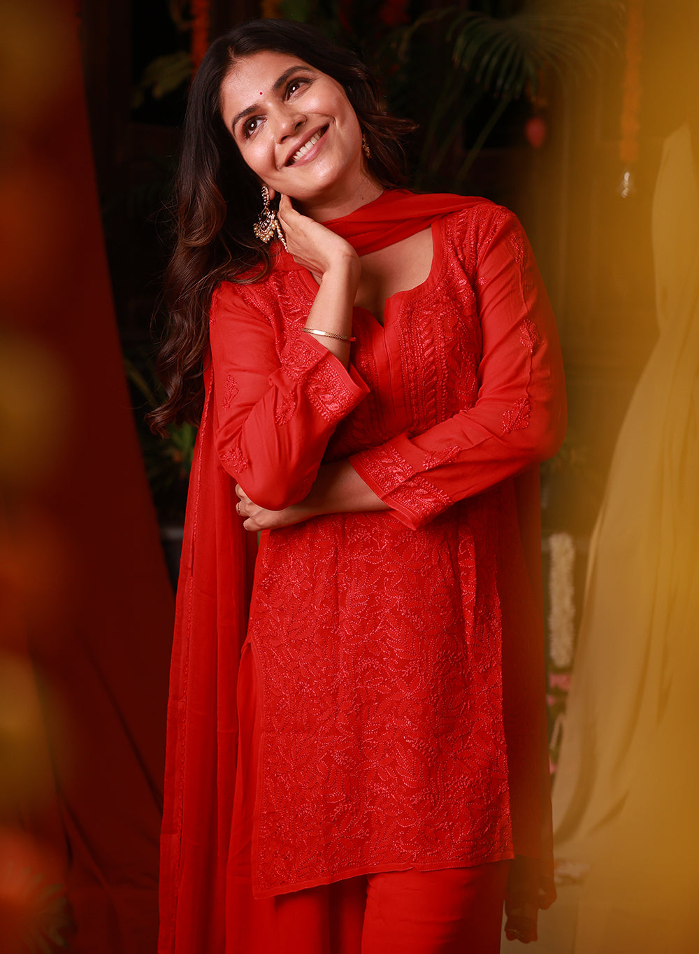 Red Nargis - Viscose Chikankari Short Kurta Set with Palazzo & Chiffon Dupatta