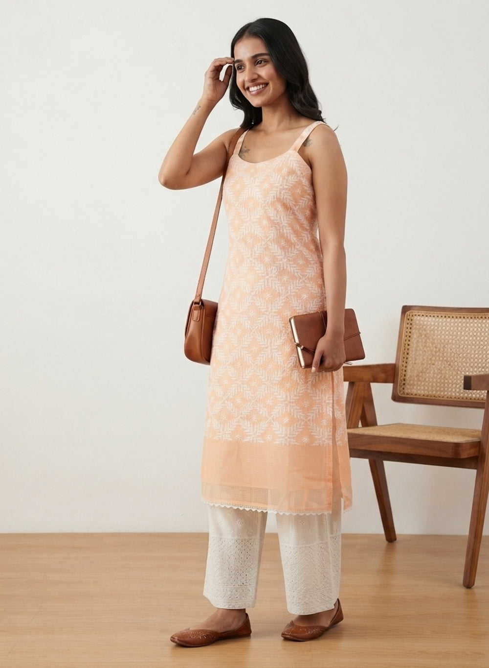 Surbhi Light Orange - Kota Tepchi Bahaar Noodle Strap Chikankari Kurta