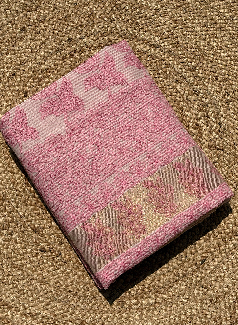 Pink On Pink Cotton Chanderi - Aks Hand Embroidered Chikankari Saree